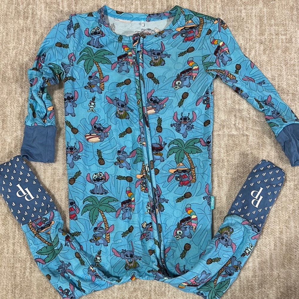 Posh Peanut Disney Stitch Blue Footies One Piece with Tropical Print